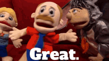 a group of stuffed animals are standing next to each other and the word great is on the bottom left