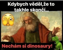 a painting of a man with a beard covering his eyes with his hands and a dinosaur .