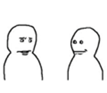 two cartoon characters are standing next to each other and talking .