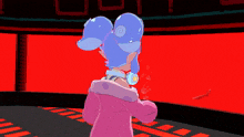 a cartoon character in a pink jacket stands in front of a red background