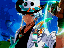 a man wearing a cowboy hat and a name tag that says " x " on it