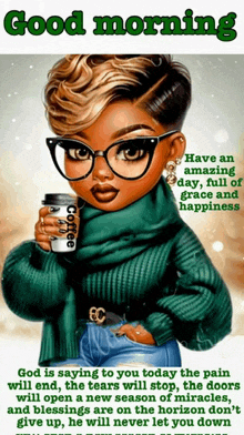 a girl with glasses is holding a cup of coffee in her hand