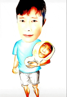 a cartoon drawing of a man holding a baby with his face on it