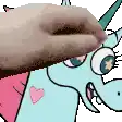a person 's hand is sticking out of a unicorn 's nose .