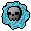 a pixel art icon of a skull in a blue circle .