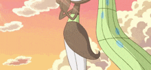 a cartoon character with a long green tail is standing in the sky