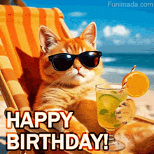 a cat wearing sunglasses is sitting on a beach chair holding a drink
