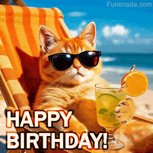 a cat wearing sunglasses is sitting on a beach chair holding a drink