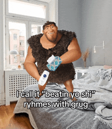 a caveman is holding a bottle of nivea lotion in his hand
