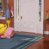 a yellow teddy bear is laying on a blue rug in front of a door that says greet to jack