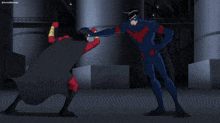 a cartoon of a man in a red cape fighting another man in a blue suit