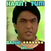 a close up of a man 's face with a caption that says ' haan tum badhe ho ' .