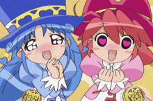 two cartoon characters with hearts in their eyes and hearts on their hats