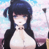 a blue haired anime girl with a sleeping sign on her hair