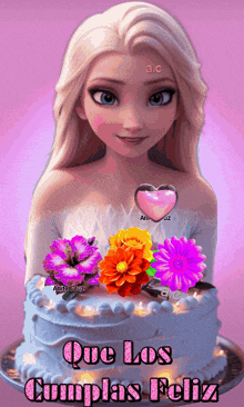 a picture of a cartoon girl with flowers and the words que los cumplas feliz