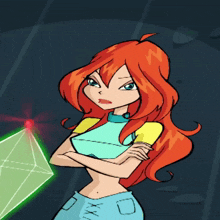 a cartoon girl with red hair is standing with her arms crossed in front of a green cube