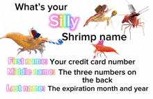 a poster that says " what 's your silly shrimp name " on top