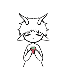 a cartoon character with horns is holding a strawberry in his hands .