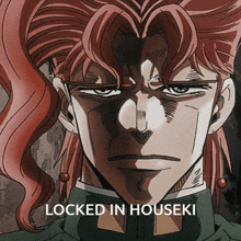 a close up of a man 's face with the words " locked in houseki " below it