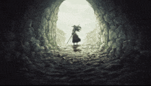 a silhouette of a person in a tunnel with a sword in their hand