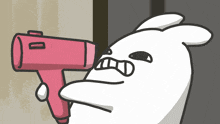 a cartoon of a white rabbit holding a pink hair dryer