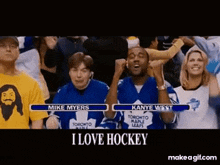 a group of people watching a hockey game with the words i love hockey on the bottom