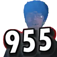 a man with glasses is holding up a sign that says 955