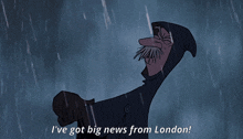 a cartoon character in the rain says " i ve got big news from london "