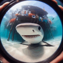 a shark is seen through a magnifying glass in front of a dock
