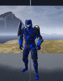 a man in a blue and black armor stands in front of a landscape