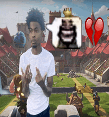 a man in a white shirt is standing in front of a castle with a broken heart in the background