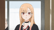 a girl with blonde hair and red eyes is wearing a choker around her neck