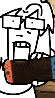 a cartoon character is holding a nintendo switch