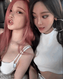 a woman with pink hair and a woman with black hair are posing for a picture