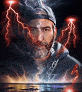 a man with a beard is surrounded by lightning strikes