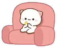 a cartoon cat is sitting on a pink chair eating a star .