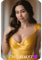 a woman in a yellow dress with cap ayalet written on the bottom