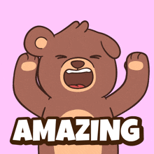 a cartoon of a teddy bear with its mouth open and the word amazing below it