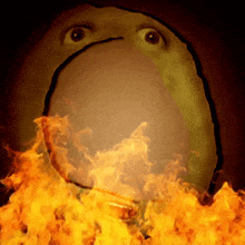 a close up of a person 's face with flames around it