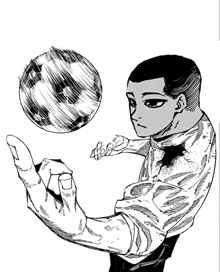 a black and white drawing of a man playing with a ball