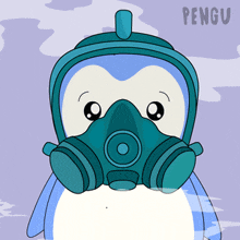 a penguin wearing a gas mask with the word pengu on the bottom right