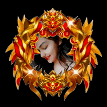 a woman 's face is surrounded by a gold and red frame