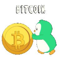 a green penguin is holding a large gold coin with the word bitcoin written above it