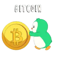 a green penguin is holding a large gold coin with the word bitcoin written above it