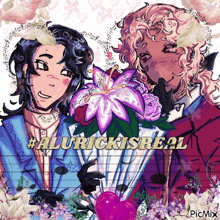 a drawing of a man holding a bouquet of purple flowers with the words #alurickisreal on the bottom