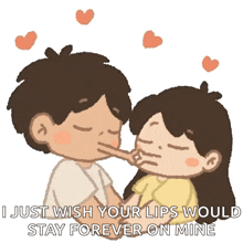 a cartoon of a boy and a girl kissing with the words " i just wish your lips would stay forever on mine " below them