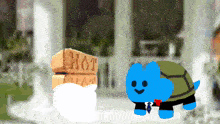 a blue turtle is standing next to a stack of hot cakes
