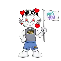 a cartoon character holding a flag with miss you written on it