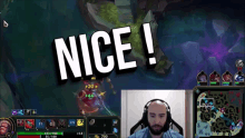 a man wearing headphones is playing a video game with the words nice in the background