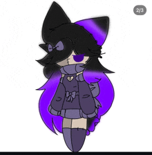 a drawing of a girl with purple hair and the number 2/3 on the bottom right